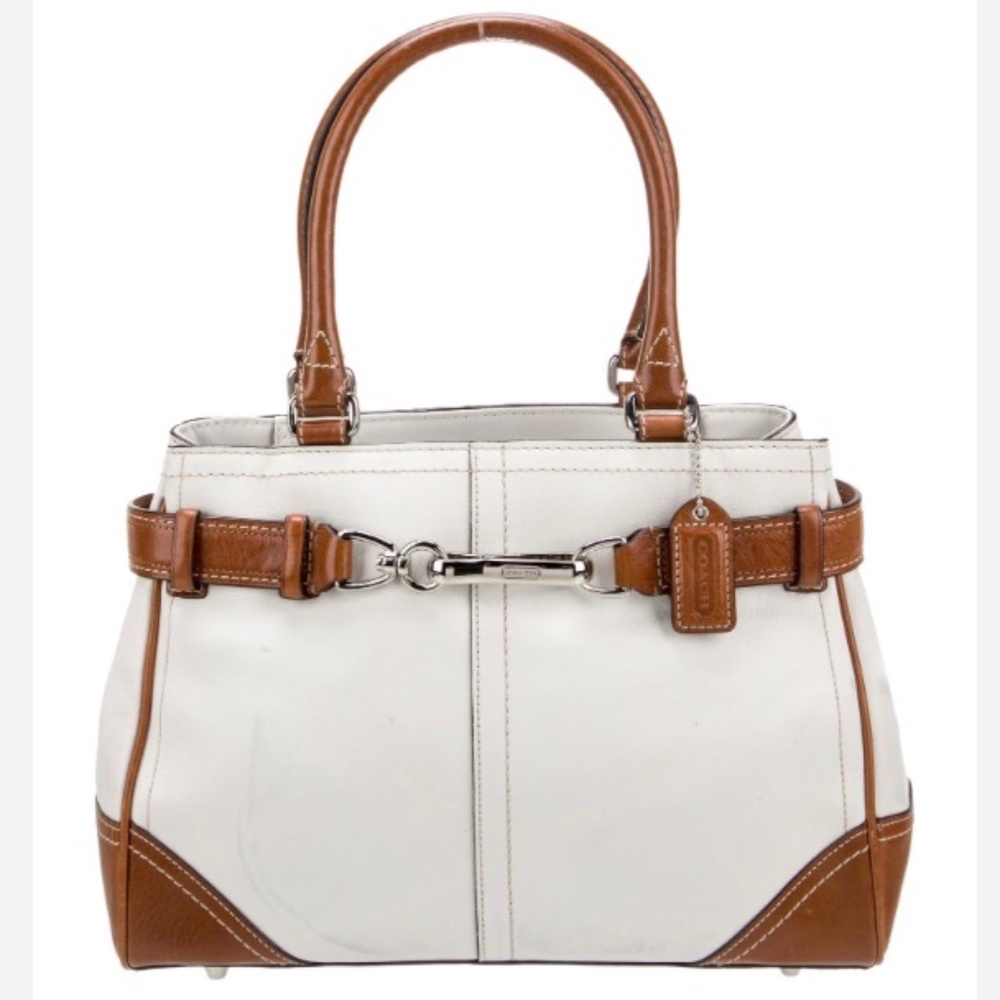 💐 Vintage Coach Hamptons Satchel White Leather Cognac Trim Dog-Leash Clip 💐